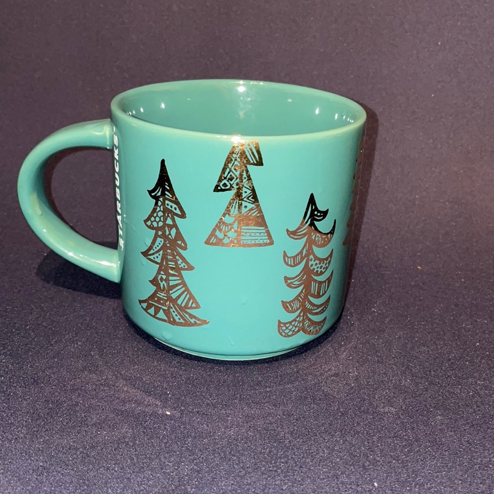 Starbucks Christmas Coffee Mug 2015 Green Gold Trees 14 ounce High Gloss Glass - Picture 1 of 5